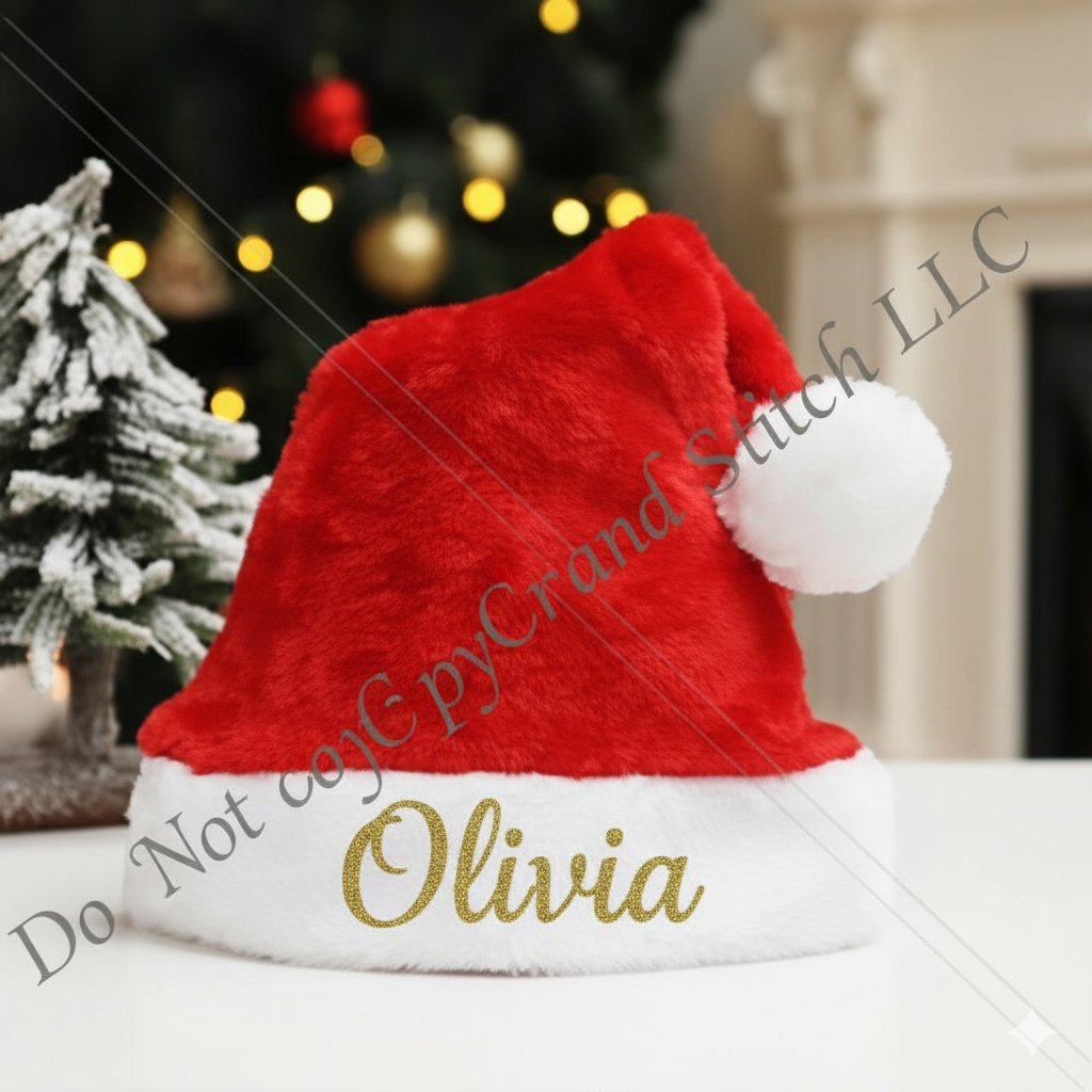 Personalized embroidered Santa hat with white faux-fur cuff