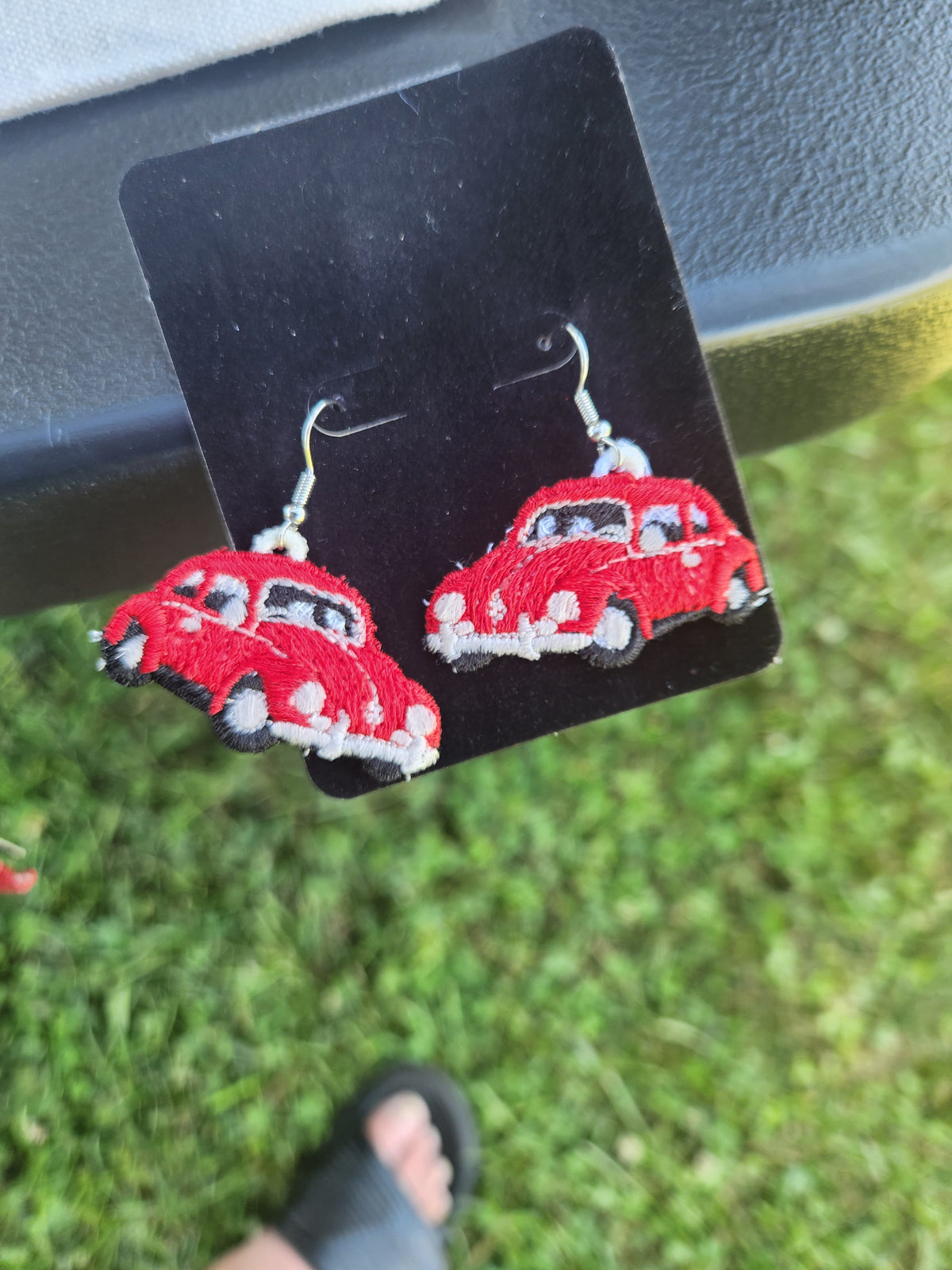 VW Beetle embroidered earrings, additional view