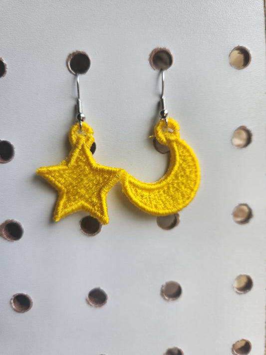 Moon and Star embroidered earrings