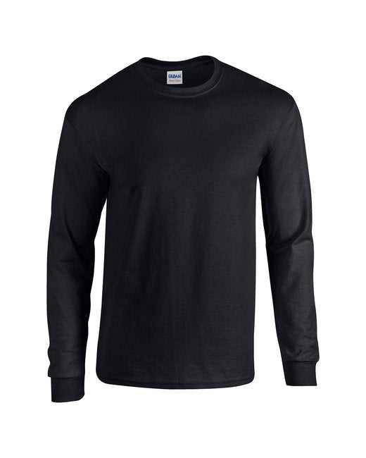 Front view of a blank black custom long sleeve shirt ready for personalized printing