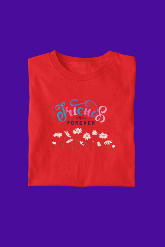 Front view of a Friends Forever friendship t-shirt with a floral daisy graphic