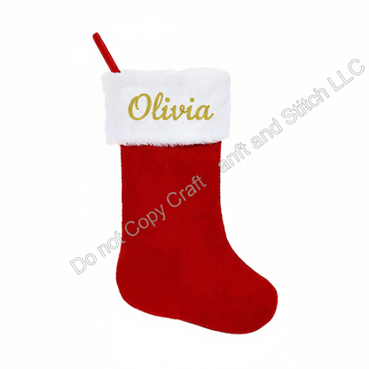 Personalized embroidered Christmas stocking with white cuff