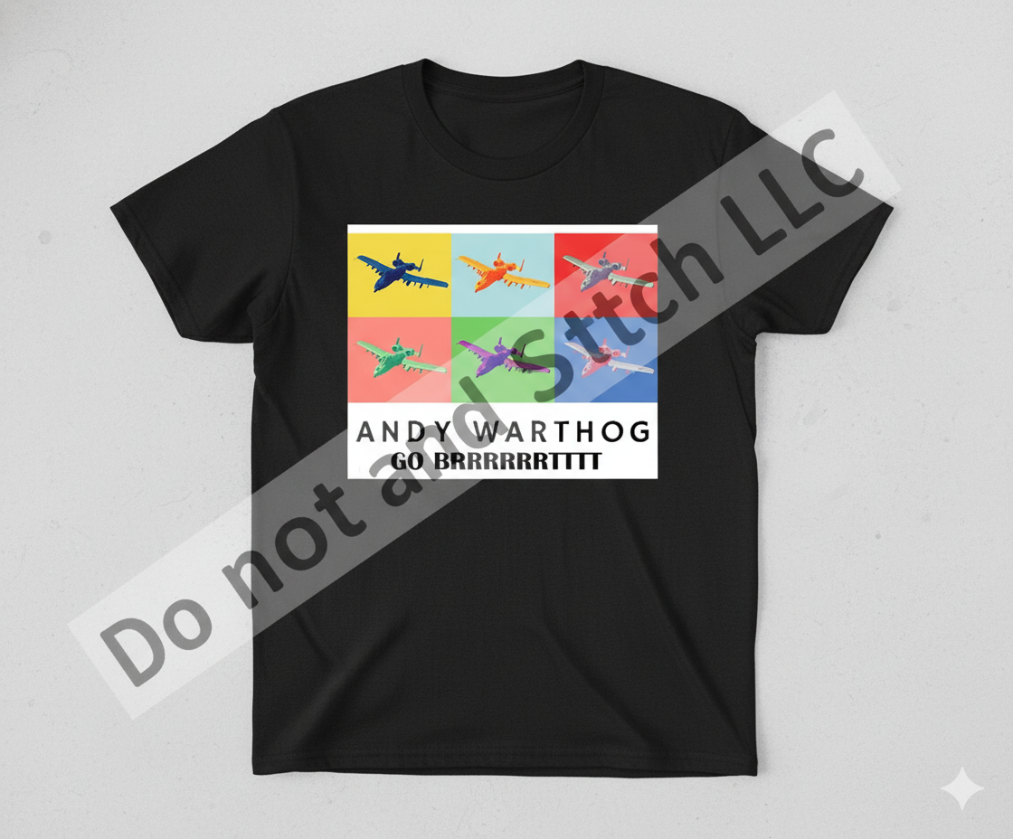 Black unisex t-shirt featuring a colorful pop art graphic of a military A-10 Warthog airplane with the text Go Brrrrrrtttt.