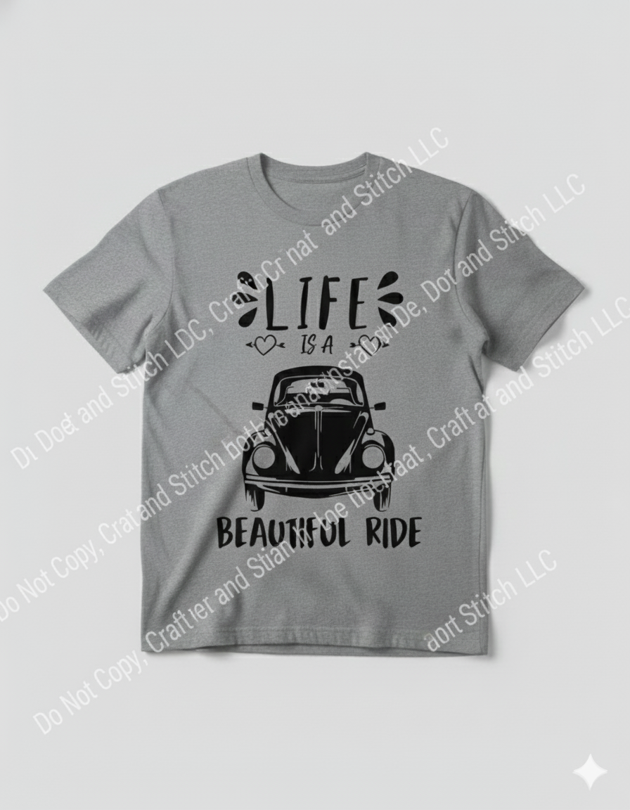 Gray t-shirt featuring a vintage black VW Beetle and the quote Life is a Beautiful Ride