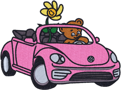 Bear Driving a bug embroidery