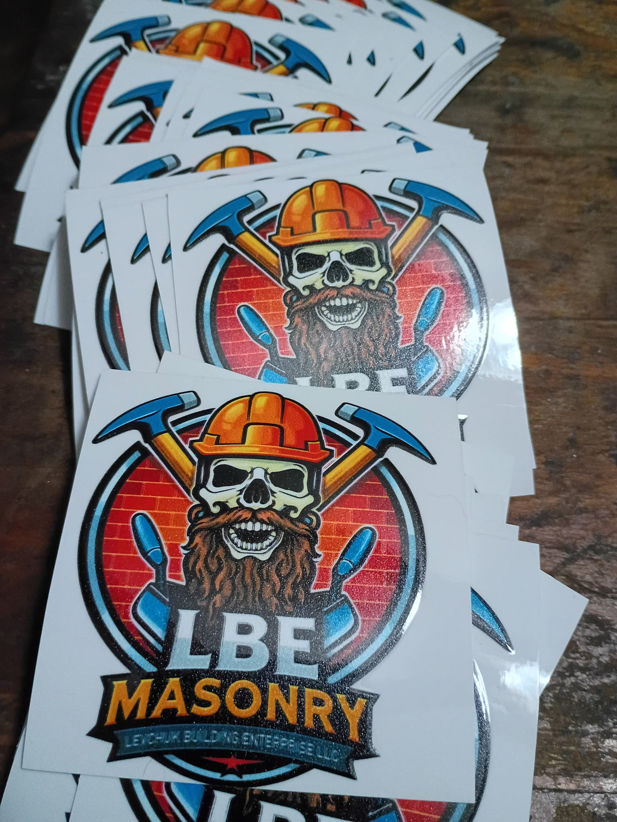 Custom full color UV printed stickers – LBE Masonry logo printed by Craft and Stitch LLC