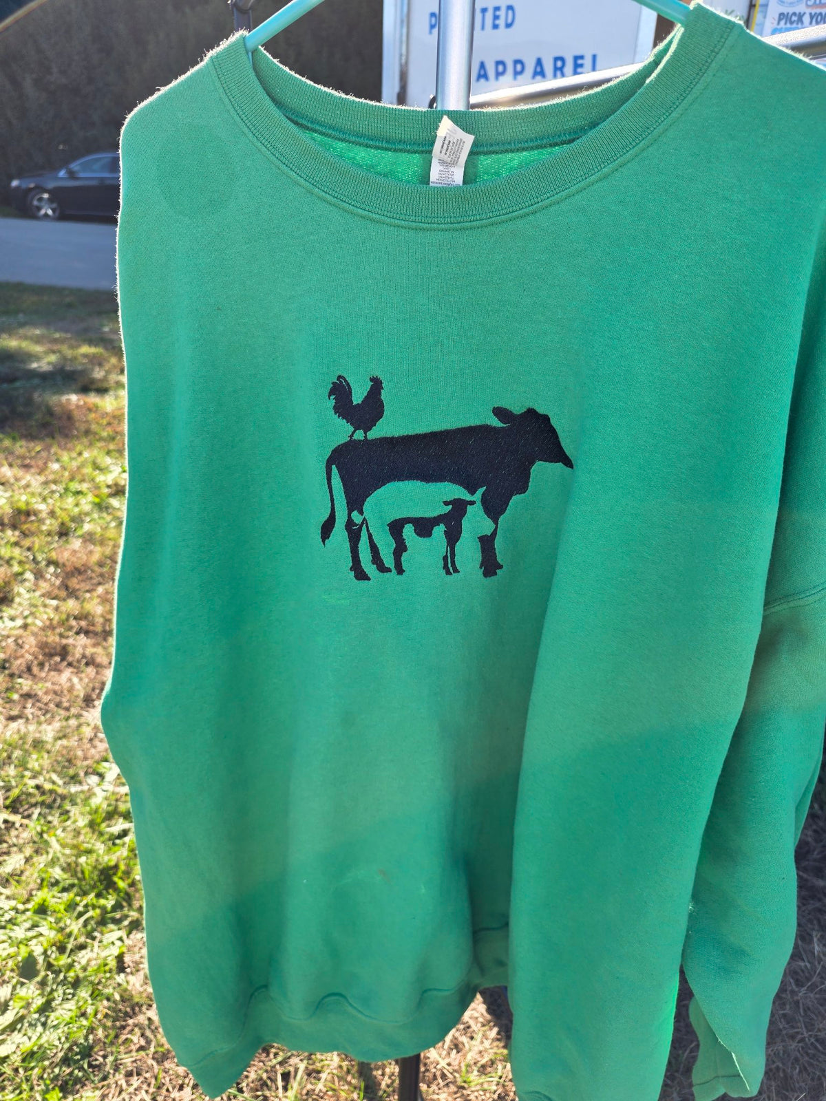 Green embroidered crewneck sweatshirt with rooster, cow and pig farm animals design