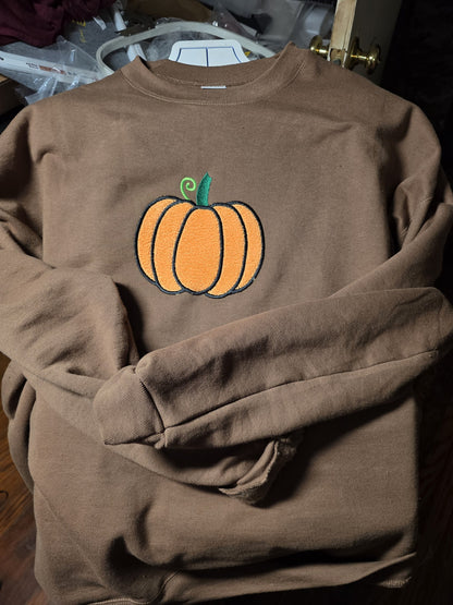 Chocolate Brown crewneck with fuzzy textured embroidered orange pumpkin