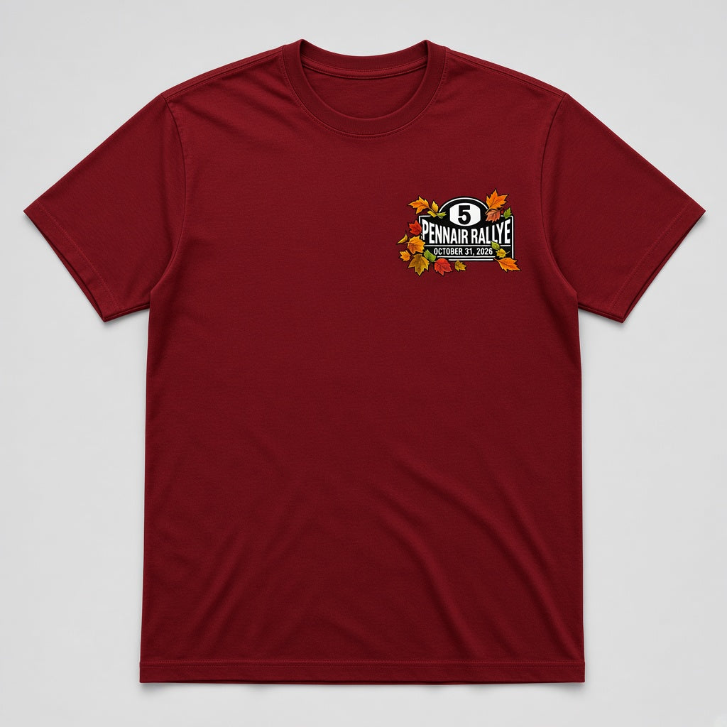 PennAir Rallye 2026 shirt front mockup, dark red with left-chest logo